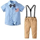 Baby Jungen Gentleman Outfits Anzug Strampler Kurzarm Hemd Lätzchen Hose Kleinkind Fliege Kleidung Set Blau & Khaki 12-24 M