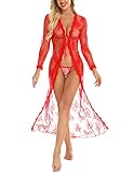 BESDEL Damen Kimono Robe Lange Spitze Babydoll Brautwäsche Dinger Mesh Nachthemd Großes Rot S