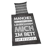 Herding Bettwäsche-Set, Motiv: Sprüche, Wendebettwäsche, Kopfkissenbezug 80x80 cm, Bettbezug 135x200 cm, Baumwolle Renforcé, grau, weiß