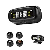 Jansite TPMS Reifendruckkontrollsystem Auto Reifendruck Kontrollsystem Solar Panel USB Kabel mit 4 Sensoren, 6 Alarm LCD Display Temperatur Anzeige für Auto, SUV, KFZ