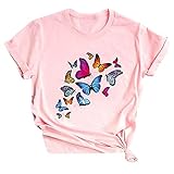 T-Shirt mit Schmetterlings-Aufdruck, leger, locker, Basic-Top für Damen, Rundhalsausschnitt, kurze Ärmel, rose, XXXXL