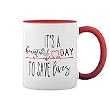 Greys Anatomy It's Beautiful Day to Save Lives Kaffeetasse mit rotem Rand und Henkel, R