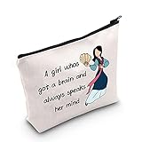 POFULL Mulan Inspiration Zitat 'A Girl Whos Got A Brain and Always Speaks Her Mind' Kosmetiktasche Mulan Fans inspiriertes Geschenk, A girl whos got a brain bag,