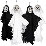 com-four® 4X Deko Skelett in weiß und schwarz, hängendes Gespenst für Halloween, Fasching, Karneval und andere Themen Partys, 35 cm (04 Stück - Geister-Skelett)