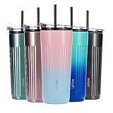 500 ml Travel Mug, Edelstahl Reisebecher mit 2 wiederverwendbaren Strohhalmen,Doppelwandiger Isolierbecher (rosa-blau)