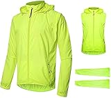 Fahrradjacke Herren Wasserdicht Atmungsaktiv Sommer Fahrradweste Mit Abnehmbaren Ärmeln Reflektierend Radjacke Mit Kapuze Laufjacke Sportjacke ​Windjack,Fluorescent Green,4XL