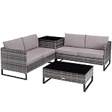 tectake 800959 Polyrattan Lounge Sitzgruppe, 4-TLG. Gartenmöbel Set mit Sofa Tisch und Aufbewahrungsbox, Tisch mit Glasplatte, für Garten Balkon und Terrasse, inkl. Kissen (Grau | Nr. 404301)