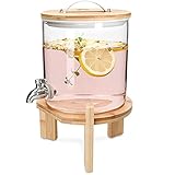 Navaris 5L Getränkespender mit Zapfhahn aus Edelstahl - Glas Wasserspender mit Stand aus Bambus Holz - Spender aus hitzebeständigem Borosilikatg