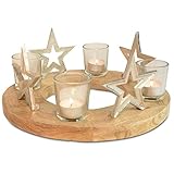 Adventskranz aus Holz | mit Teelichtgläsern und Sternen | Adventskerzenhalter Mangoholz Natur 30x12