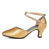 LIUM Tanzschuhe für Damen, geschlossener Zehenbereich, Tanzschuhe für Damen, Ballsaal, lateinamerikanische Charaktere, DY113 (Farbe: 7 cm, goldfarbene Gummisohle, dy113, Größe: 41)