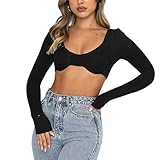 Damen Langarm-Crop-Top, U-Ausschnitt, einfarbig, sexy, schmale Passform, bauchfrei, Schwarz , S