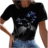 Masrin Katze Tier T-Shirt für Frauen Lässig Abstrakter Blauer Himmel Weiße Wolken Druckoberteile Kurzarm O-Ausschnitt Tunika Bluse Cat Laver Geschenk(L,Schwarz)