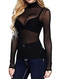 Damen Sexy Mesh Sheer Oberteile Langarm Rollkragenpullover Transparent Tüll Mesh Shirt (Black, S)