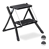 Relaxdays Trittleiter klappbar, 2 Stufen, platzsparender Klapptritt, rutschfest, Eisen, HBT ca. 45 x 50 x 50 cm, Schw