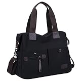 Eshow Damen Umhängetasche Handtasche Schultertasche Canvas Segeltuch mit Handgriff Anti diebstahl Fächern Schwarz zu Einkaufen sp