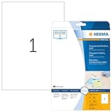 HERMA 4585 Wetterfeste Folien-Etiketten DIN A4 transparent (210 x 297 mm, 10 Blatt, Polyesterfolie, matt) selbstklebend, bedruckbar, permanent haftende Klebefolie, 10 Klebeetiketten, durchsichtig