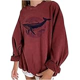 Masrin Mask Damen O-Ausschnitt Pullover Frauen Fisch Print Sweatshirt Retro Langarm Patchwork Tops Bluse(M,Wassermelonenrot)