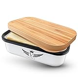 VALELA Butterdose - Bruchsichere Butterdose mit nachhaltigem Bambusdeckel - Butter Dish für 250g Butter - Butterdose Porzellan Vintage mit Deck