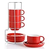 SWEEJAR Home Porzellan Espressotassen mit Untertassen, 120 ml stapelbare Cappuccinotassen mit Metallständer für Kaffeegetränke, Latte, Tee - 4er Set (rot)