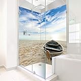 ORIGINAL PlateART Eck-Duschrückwand 2 x 90x200 cm, Wandverkleidung, Wandbild, Rückwand Alu OHNE FUGEN, Fliesenersatz, Karibik Strand mit Boot Motiv - Made in Germany…