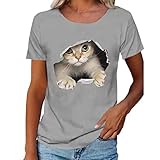 FREEPPCC Damen Katze im Loch 3D-Druck Rundhalsausschnitt Kurzarm Top Tee T-Shirt für Frauen, grau, XXXXL