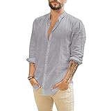 Leinenhemd Herren Hemd Sommer und Herbst Männer Langarm Sommerhemd Herren Regular Fit Freizeithemd Leinenhemd mit Feinem Revers Gut Aussehend Einfarbig Shirt T-Shirt Oberteil Lose Schlank Bluse Top