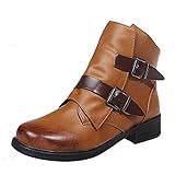yazidan Damen Stiefel Low Heel Motorradstiefel Mode Schwarz Reißverschluss Mittlere Stiefel Leder Schnallenriemen Ritterstiefel Vintage Wadenstiefel Lässige Winter S