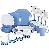 Melamin Geschirr und Polycarbonat Glas Set für 4 Personen - 24 Teile - Campinggeschirr - blau weiß - mit Weißweinglas und Trinkglas - Gläsern - Essg