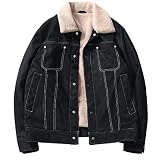 Herren Gefütterte Jeansjacke - Gestreifter Pelzkragen Werkzeug Winter Sherpa Western Cowboy Mantel, Fleece Verdicken Trucker Jeans Outwear, Button Down Langarm Übergröße,Schwarz,XL