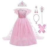 IWEMEK Mädchen Verkleidungen Prinzessin Elsa Kleid lang mit Umhang + Zubehör Eiskönigin 2 Karnevalskostüm Halloween Weihnachten Geburtstagskleider Kinder 4-9 Jahre Gr. 4-5 Jahre, Rosen-S