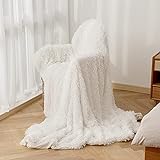 ARKEY Zotteldecke aus Kunstfell, weich, lang, warm, elegant, gemütlich, flauschig, als Tagesdecke geeignet, Fleece, weiß, 160 x 200