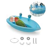 TSHAOUN Vogel Badewanne Becken Mit Spiegel, Hängen Vogelbad Badewanne, Haustiere Kleine Vögel Papagei Vogelkäfig Zubehör, Sittich Nymphensittich Futter Feeder Tablett (Blau)