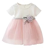 FEESHOW Kleinkind Baby Mädchen Tutu Kleid Kurzarm/Langarm Rüschen Blumen Prinzessin Kleid Mesh Rock Party Festlich Hochzeit Outfits Kleidung Weiß 74-80