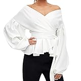 SALUCIA Damen V Ausschnitt Puffärmel Satin Wickel Bluse Shirt Tunika Frauen Schicke Elegante Sexy Volant Carmenbluse Langarmshirt Pulli Pullover Jumper Oberteile Top mit Schleife Gü