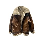 Damen Wildlederjacke Winter Reißverschluss Revers Motorradmantel Dicke Warme Lammwolle Lederjacke, braun, M