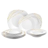 ADDTREE Gold Ast Design Frühstücksteller Porzellan Dessert Salat Suppe Quadratische Teller Set 12-tlg. 4* 24.5cm - 4* 21.5cm - 4* 18.8cm - Kuchenteller Teller Spülmaschinenfestes T