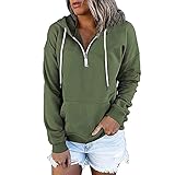 GEU Damen Einfarbig Hoodie mit Kordelzug V-Ausschnitt Kapuzenpullover Reißverschluss Kragen Sweatshirt Langarm Pullover Sweatshirt mit Kapuze Lose Casual Oberteil Top