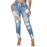 Lässige Damen Ripped Loch Kordelzug Hohe Taille Skinny Jeans Sexy Taschen Mode Kleine Füße Hosen Party Jeans, blau, L