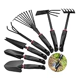 7 Stück Gartengeräte, Kohlenstoffstahl Garten Werkzeug Set mit Unkrautstecher Doppelhacke Handrechen Kleingrubber Blumenrechen Gartenkelle für Pflanzen und Gartenarb
