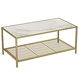 VASAGLE Couchtisch, Wohnzimmertisch mit Hartglas und engmaschiger Gitterablage, aus Metallgestell, stabil, für Wohnzimmer, Gold-Marmoroptik LGT031W01