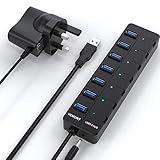 VEMONT USB-3.0-Hub, 7 Anschlüsse, Daten-Hub mit Stromversorgungsadapter, einzelne LED-Switches für Apple MacBook Air/Pro/Mini/iMac/Windows-Laptops und Ultrabook