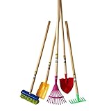 Rekord Kinder Gartengeräte Set 5-teilig (Schaufel, Spitzspaten, Rechen, Besen, Laubbesen) - Metall - Holz-Stiel (76 cm)