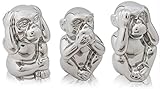 CHICCIE Die DREI Weisen Affen - Silber Keramik 14cm - Nichts sehen hören Sagen Glücksbringer Skulptur Fig