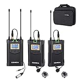 Drahtloses Lavalier Mikrofon, Comica CVM-WM100 Plus UHF Wireless Mikrofone System mit 2 Sendern und 1 Empfänger, Funkmikrofone Set for DSLR Kamera, XLR Camcorder, Smartphone(AA Akkus Betrieben)