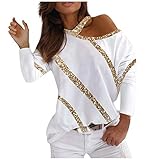 Frauen Schulterfrei Top Sexy Langarmshirts Pailletten Casual Lose T-Shirt Bluse Damen Mode Oberteile Tunika S