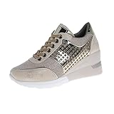 JFISQ Frauen Sommer Sportschuhe Mode Wedges Sneaker Bequeme Plattform Turnschuhe Casual Lace-Up Sneaker Damen Freizeitschuhe in Großen Größen,Gold,35
