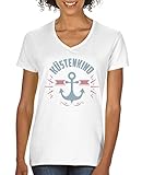 Comedy Shirts - Küstenkind Anker - Damen V-Neck T-Shirt - Weiss/Eisblau-Rosa Gr. L