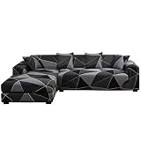 SHANNA Sofa Überwürfe Sofabezug l Form Elastische, Stretch Sofaüberwurf Antirutsch 2er Set 3 Sitzer + 3 Sitzer Sofahusse Sofa Bezug für L-Form Sofa mit 4 Stücke Kissenbezug - Geometrisches Schw