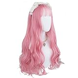 NC Damenperücken Langer Flauschiger Lockiger Hochtemperaturdraht, Rosa Wellenförmige Perücke mit Pony Haarnetz Kammhalterung, für Mädchen Cosplay Tägliche Party