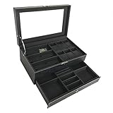 Uhrenbox Schmuckkasten Schublade Aufbewahrung Box: 2 Ebenen Schmuck Uhren Brillenbox mit Glasdeckel - PU Leder Uhrenständer Uhrenhalter für Herren Damen Uhren Ringe Armbänder Sonnenbrillen | Schw